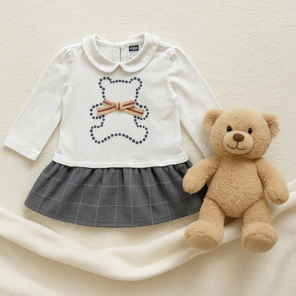 Original Marines Collared Teddy Bear Dress – White Long Sleeve Top with Gray Plaid Skirt, Cotton Blend | Baby Girl 6-9 Months