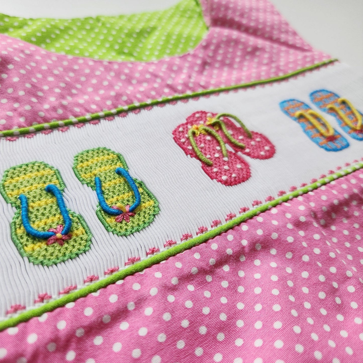 Beaux et Belles Girls 2-Piece Outfit Set | Size 6 | Boutique Smocked Top & Pedal Pushers | Pink Polka Dot with Flip Flop Embroidery