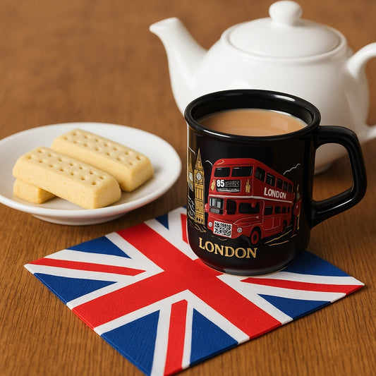 Vintage London Souvenir Mug – Black Ceramic with Red Double-Decker Bus, Big Ben & Guardsman – England Travel Collectible - Home Decor