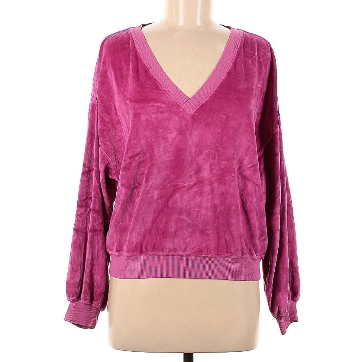 AMO for Anthropologie Pink Velour V-Neck Pullover Sweatshirt Women’s Size M