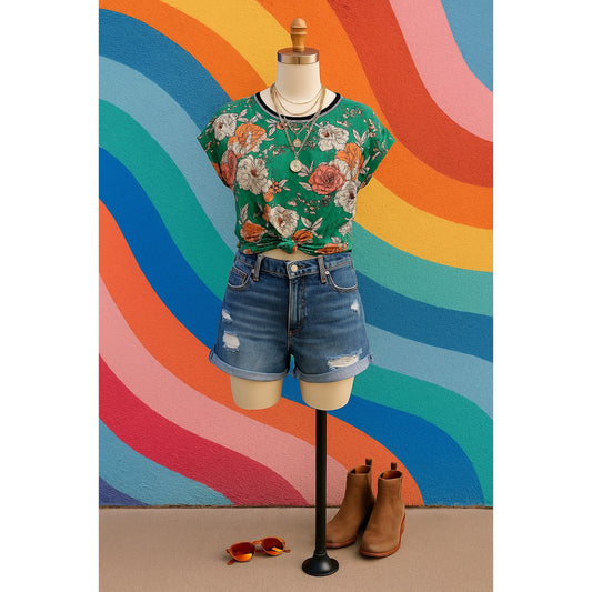 Postage Stamp for Anthropologie Green & Orange Floral Cotton Twist Knot Top – Women Small