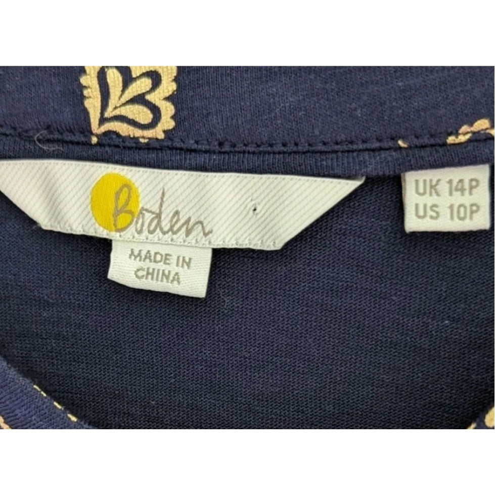 Boden Boho Women's Tassel Tie Blouse Navy Gold Print 100% Cotton Petite 10P Bohemian Top