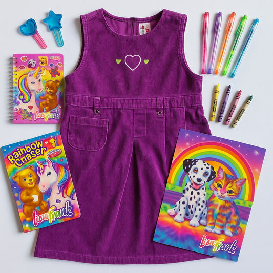 Just Friends Vintage Y2K Purple Corduroy Jumper Dress | Girls Size XL 6X | Embroidered Hearts, Pinafore Cord Dress, 2000s Kidcore Retro