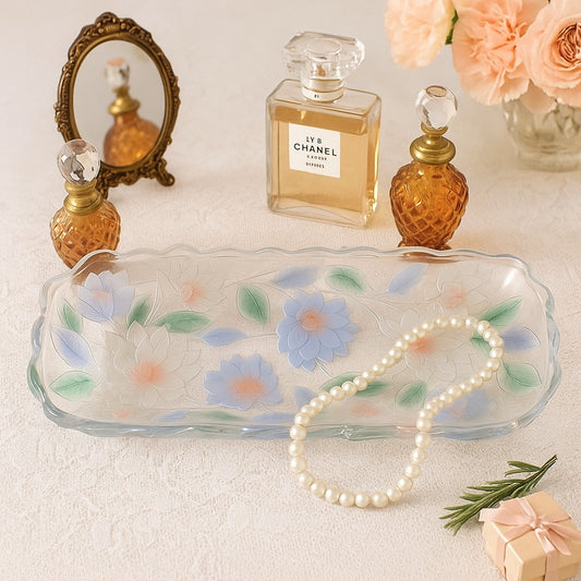 Vintage 1990s Crystal Clear Studios Frosted Pastel Lotus Flower Platter – Rare Hand-Painted Cut Glass Dish Japan | Home Decor