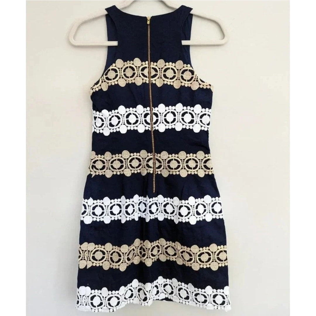 🌸 Lilly Pulitzer Augusta Shift Dress Navy Blue White Gold Lace Trim – Size 0 XS