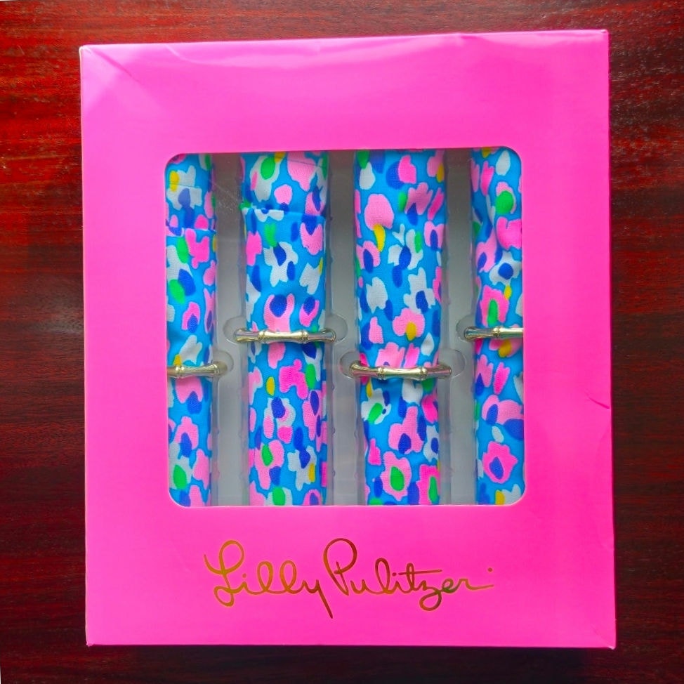 Lilly Pulitzer Hottie Dottie Blue & Pink Napkins & Bamboo Rings | Set of 4