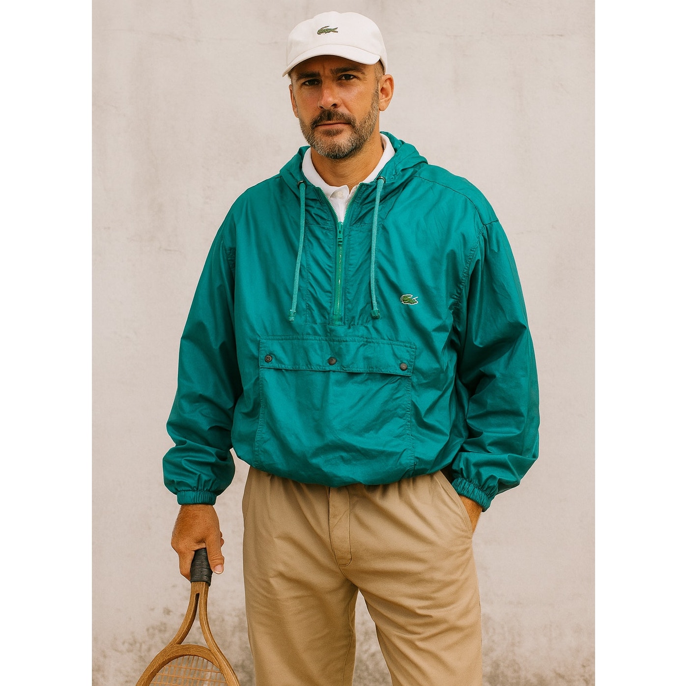 Vintage 80s Lacoste Teal Windbreaker Jacket | Size Large | Retro Nylon Pullover Hoodie