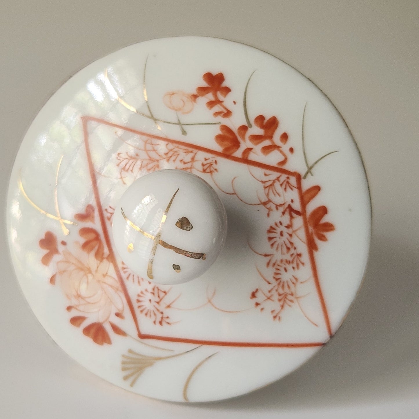 Antique Japanese Chocolate Pot | Early 20th Century Porcelain | Red Orange Floral Design with Gold Gilding | Bamboo Handle | Asian Decorative Teapot 7.5"