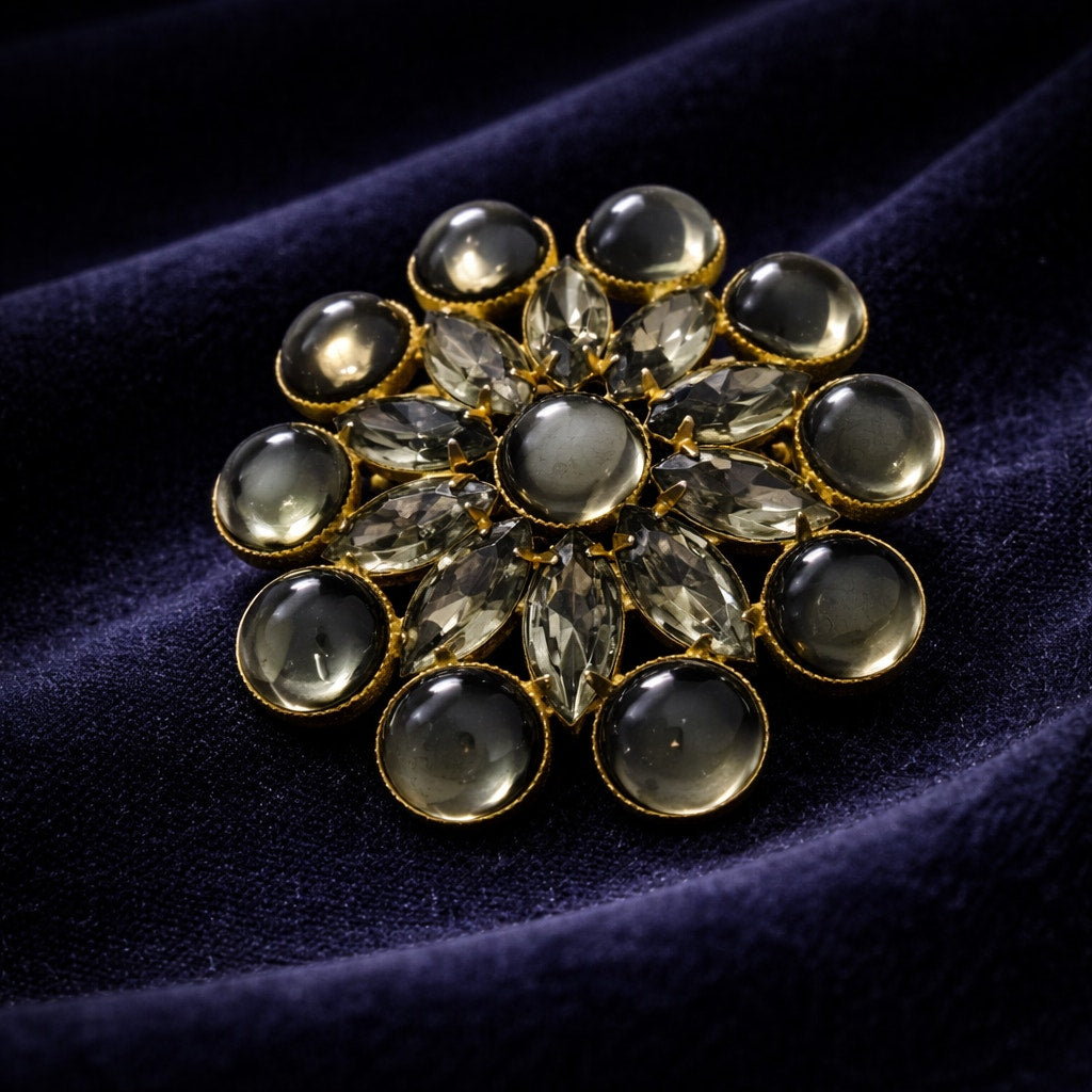 Vintage Olive Green and Smoky Rhinestone Brooch | Large Mid Century Statement Floral Cluster Pin
