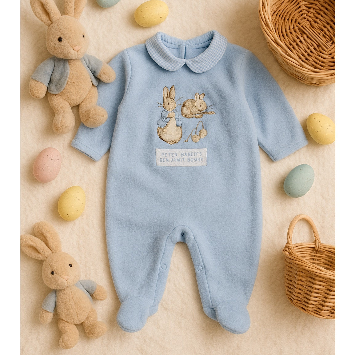 Rare Vintage 90s Beatrix Potter Peter Rabbit & Benjamin Bunny Blue Fleece Baby Bunting Footie | Size 3-6 Months | Easter & Winter Outfit