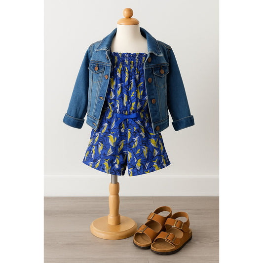 Juicy Couture Girls 12 Romper Cobalt Glow Tropical Print Smocked Bodice NWT