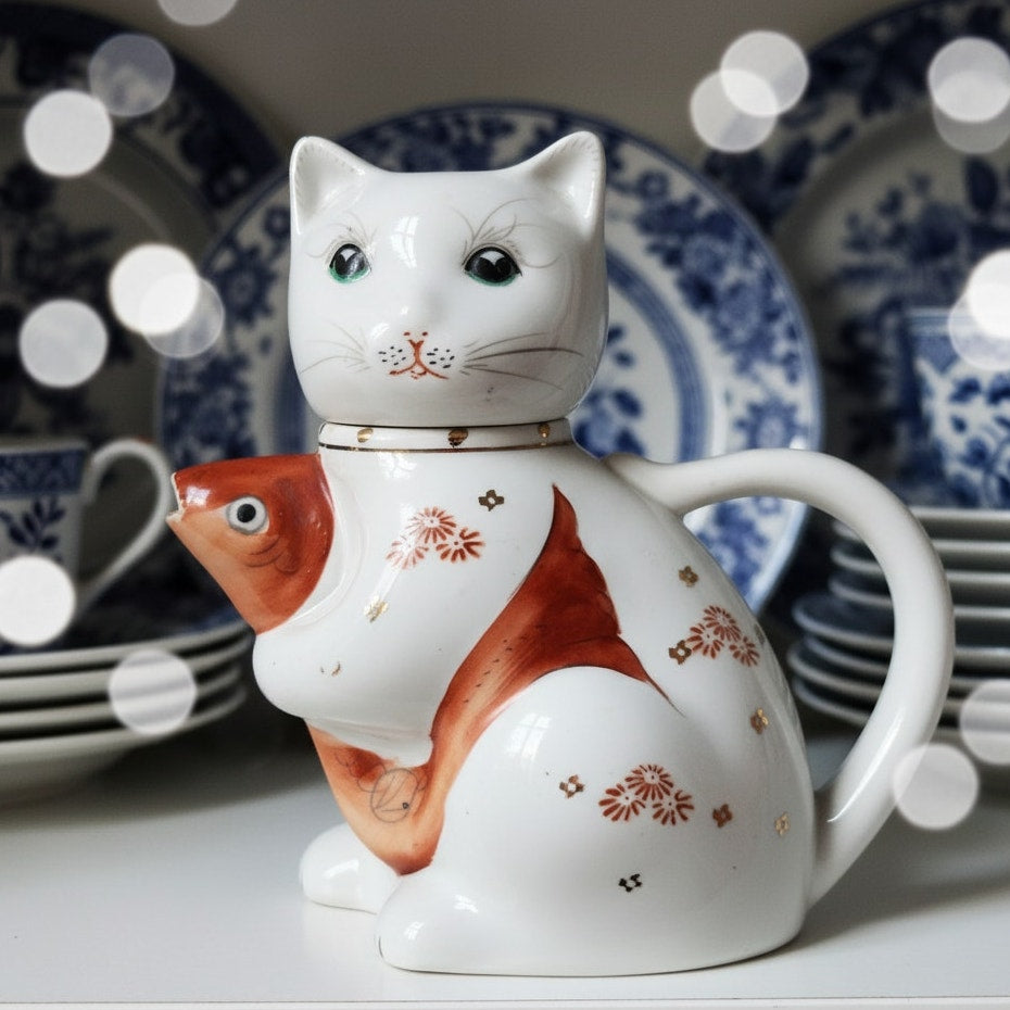 Vintage Cat & Koi Porcelain Teapot • Hand-Painted Lid/Spout • Metallic Gold