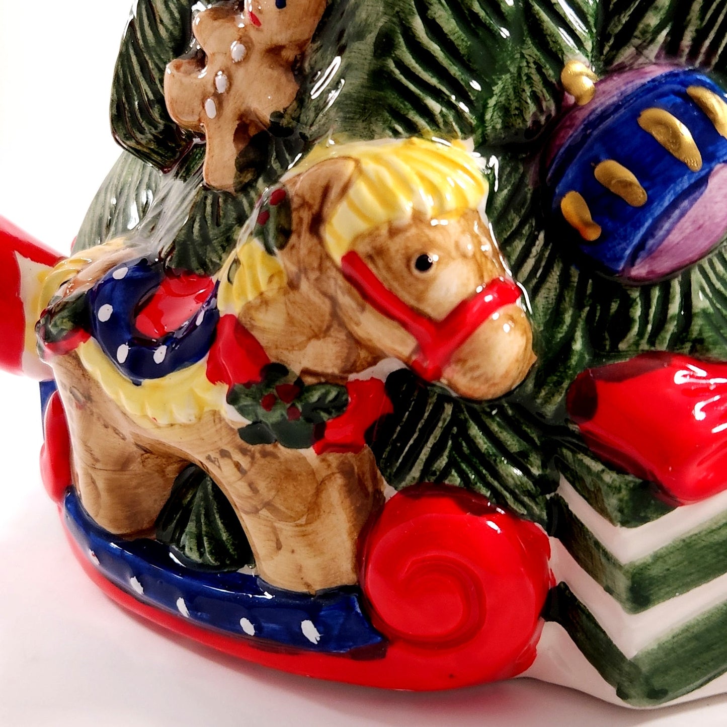 1994 Christmas Tree Ceramic Pitcher with Candy Cane Handle, Teddy Bear & Gift Box Details