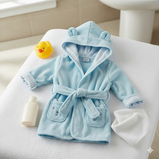 Baby Animal Terry Cloth Bath Robe Light Blue Striped Lining 0-9 months