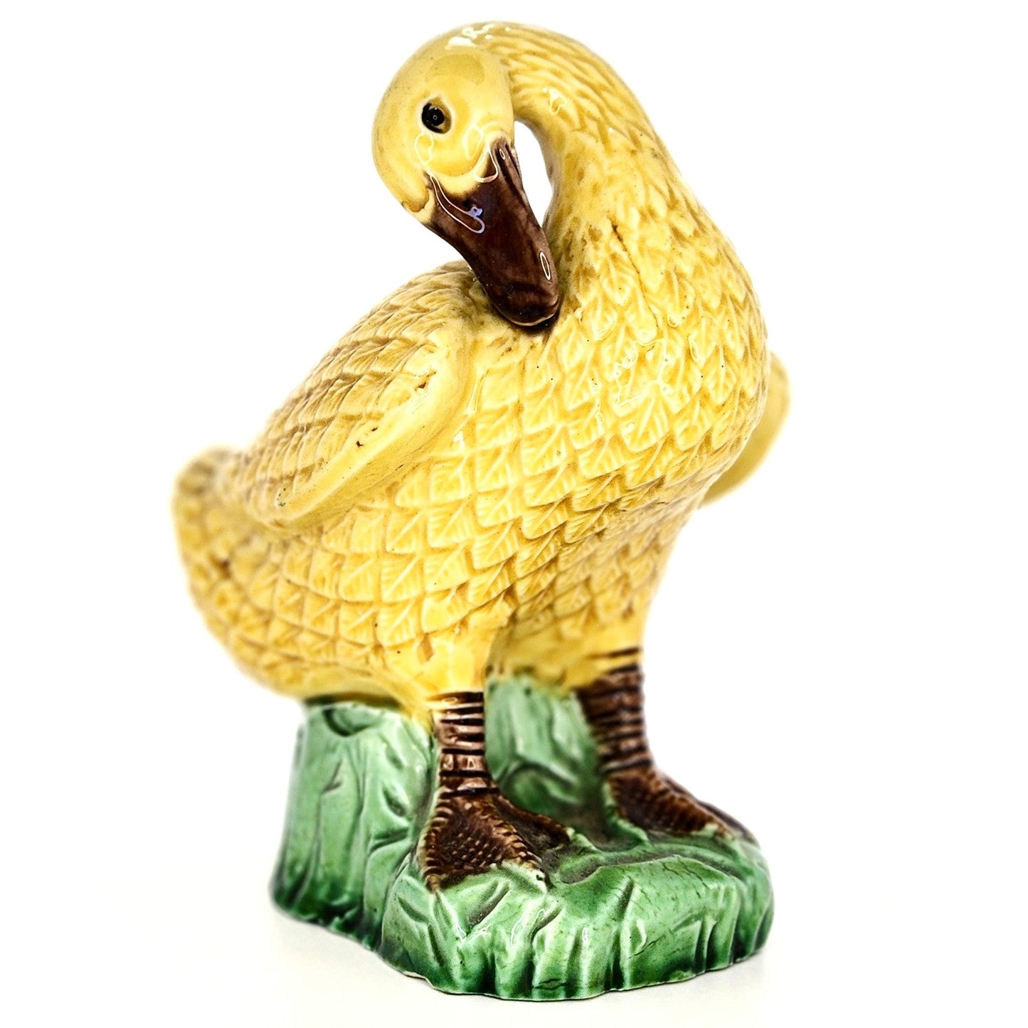 Antique Chinese Porcelain Miniature Yellow Glazed Preening Duck Figurine 1920s