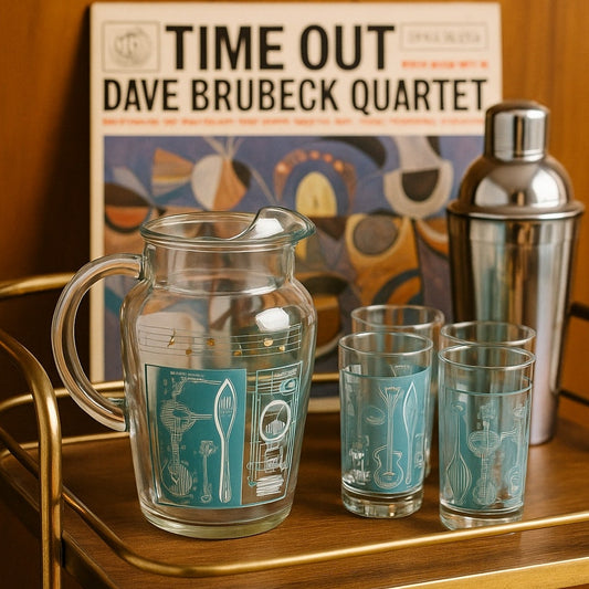 Vintage 1950s Glass Pitcher with Aqua Musical Instruments & Notes – Tall Ice Lip Pitcher – Mid-Century Barware | Home