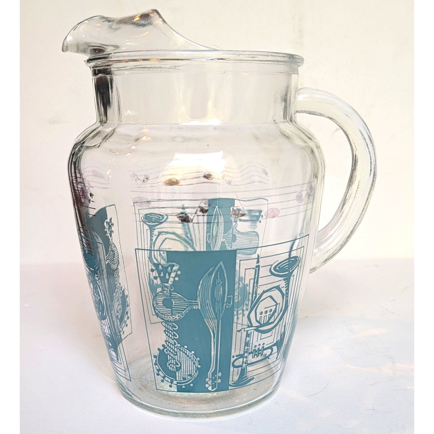 Vintage 1950s Glass Pitcher with Aqua Musical Instruments & Notes – Tall Ice Lip Pitcher – Mid-Century Barware | Home