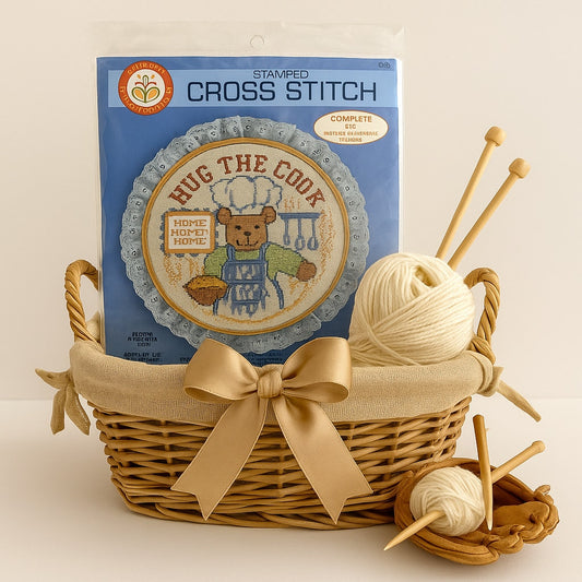 Vintage 1986 Colortex “Hug the Cook” Bear Stamped Cross Stitch Kit – Kitchen Home Decor – Teddy Bear Chef Embroidery – Complete Sealed 10.5”