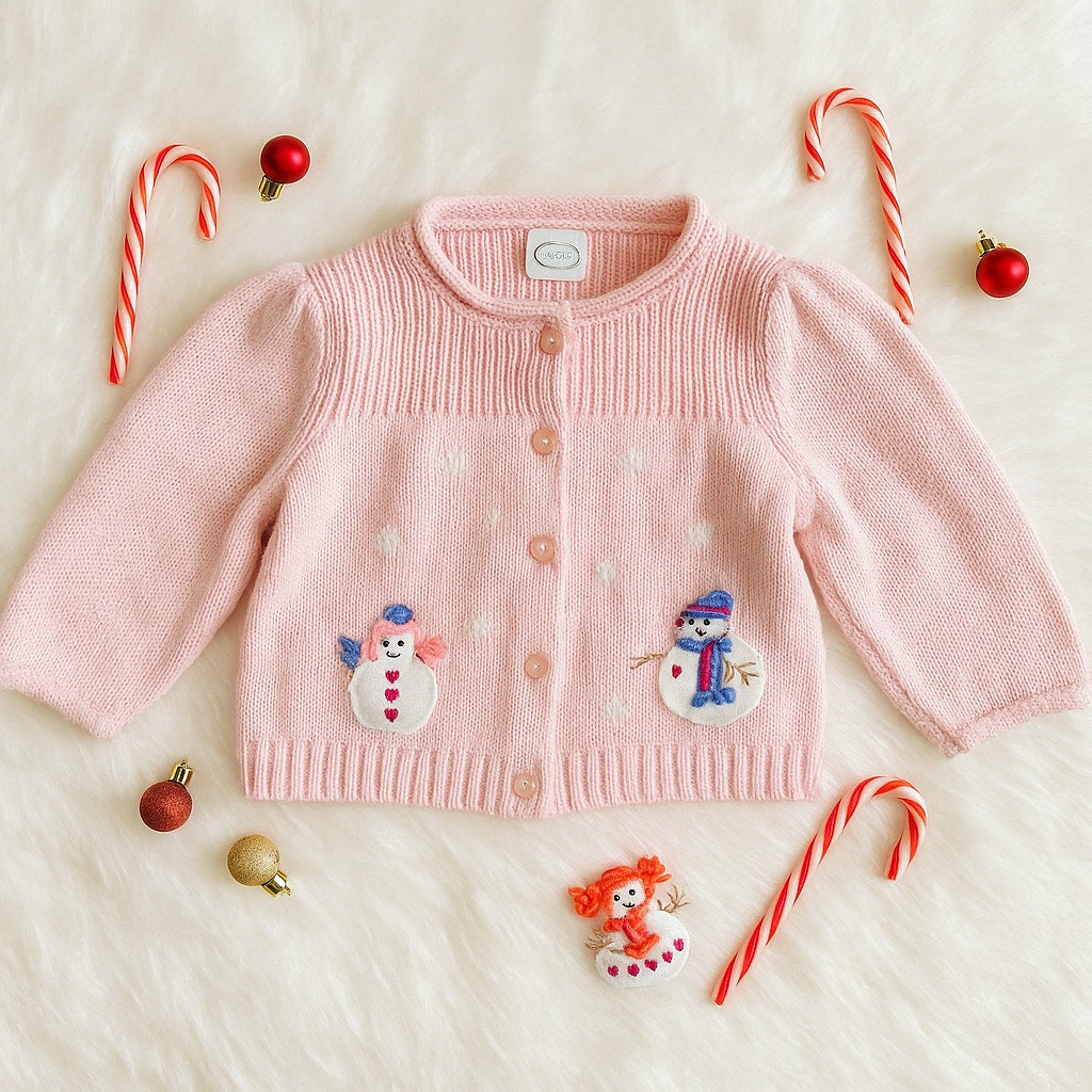 Talbots Kids Vintage 1990s Baby Girl Winter Cardigan | Pink Cotton Knit Sweater with Snowman Appliques | Puff Sleeves 12M | Eczema-Friendly