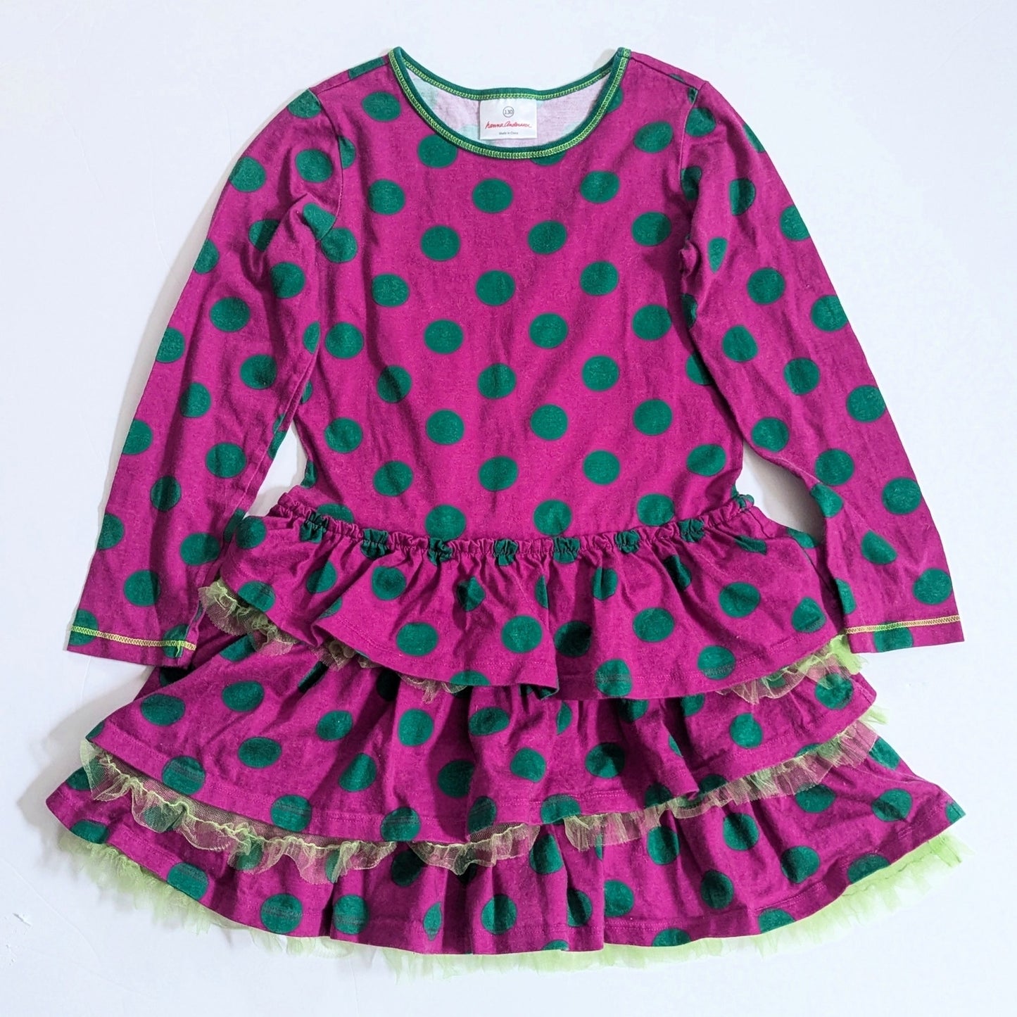 Hanna Andersson Ruffle Up Dress | Purple Green Polka Dot Tulle | Girls Size 130cm / 8