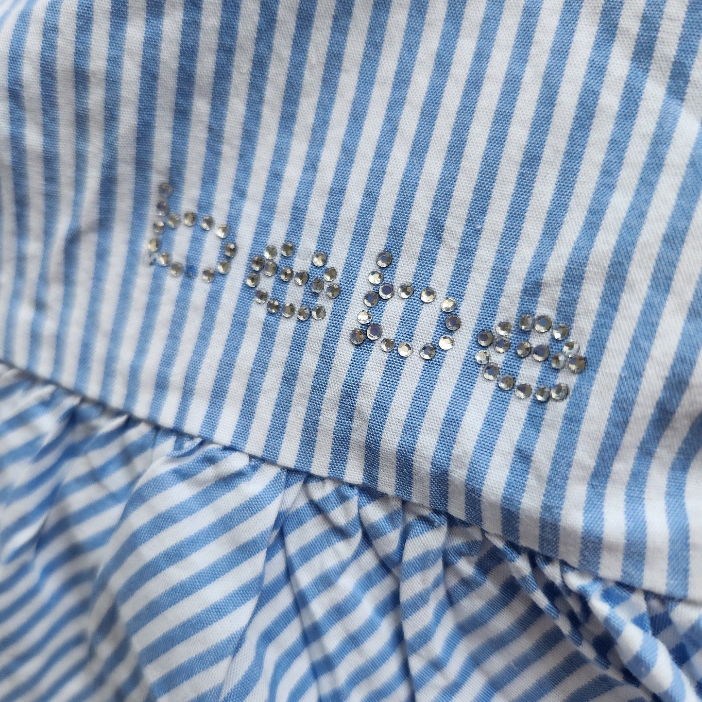 Bebe Girls Blue & White Striped Floral Embroidery Flutter Sleeve Dress Size 5-6