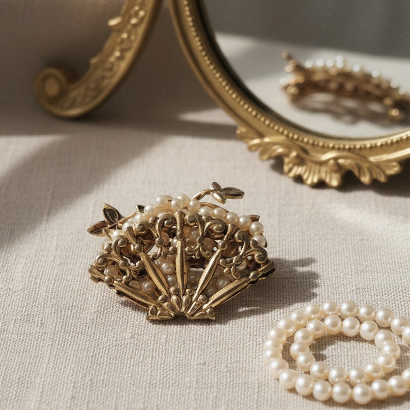 Mid-Century Gold Tone Fan Brooch with Faux Pearls – Ornate Filigree Design