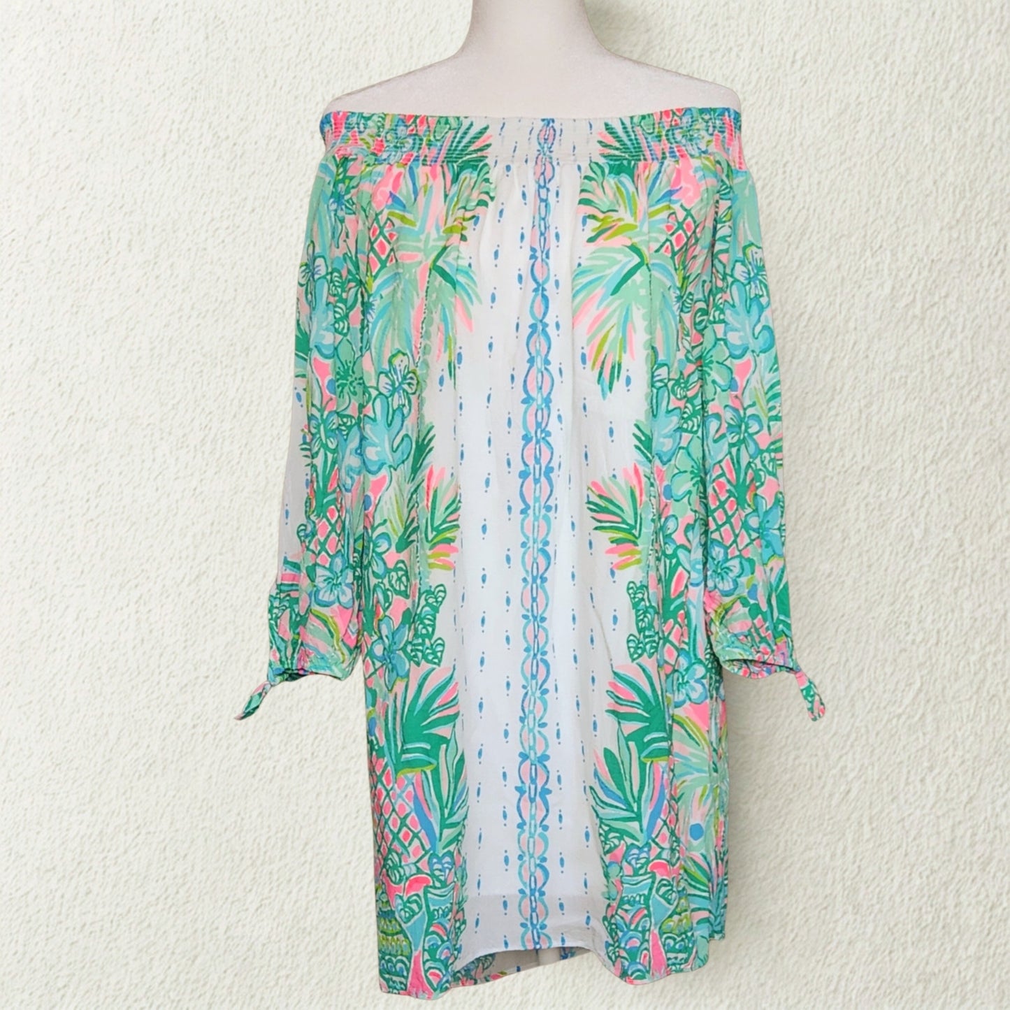 Lilly Pulitzer Women's Maryellen Off Shoulder Dress Coconut Row Pineapple Print Resort White Size M