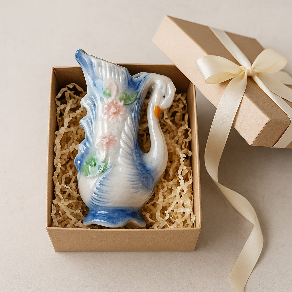 Vintage MCM Swan Vase – Iridescent Ceramic Swan Planter with Pastel Flowers