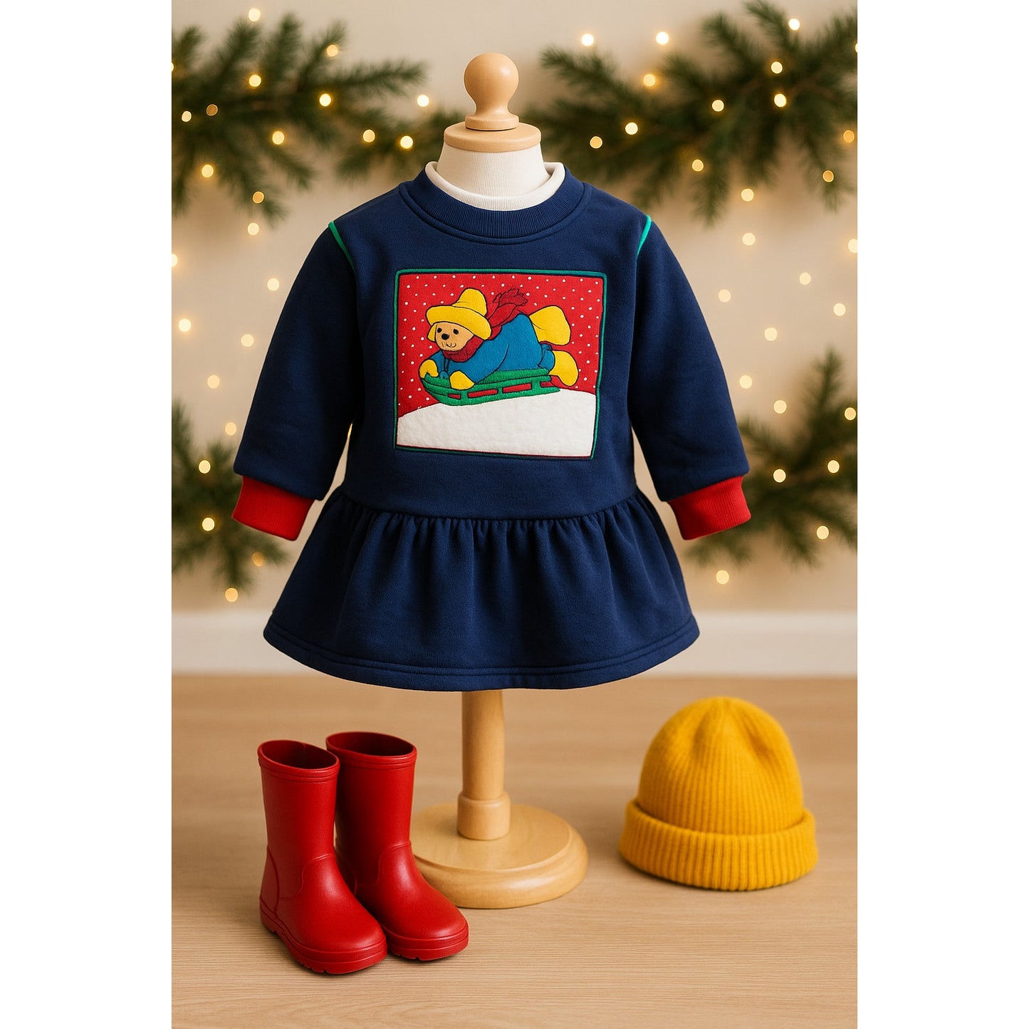 Paddington Bear Vintage 1990s Toddler Girls Blue Sweatshirt Dress Winter Sledding Applique Size 3T
