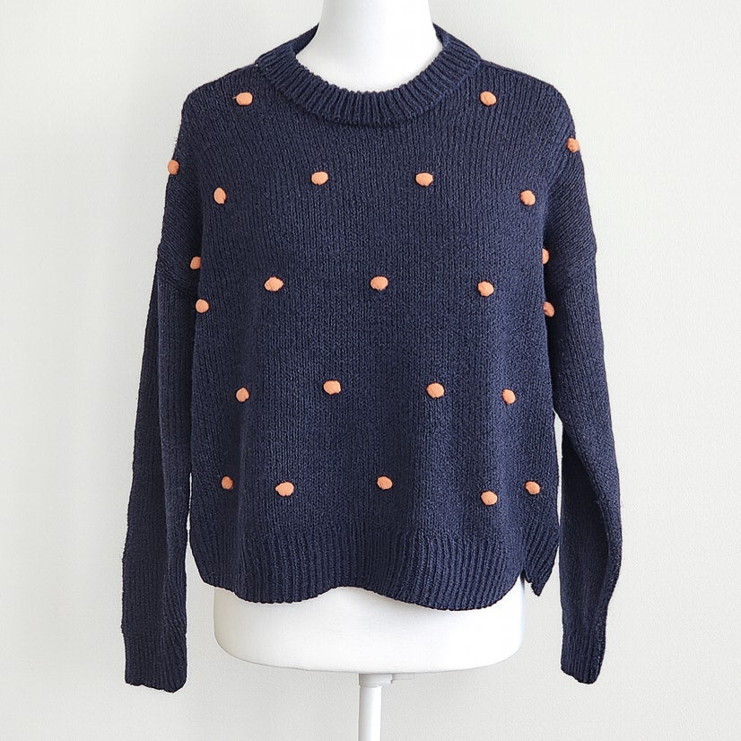 Madewell Wellesley Bobble Pullover Sweater Navy & Orange Pom-Pom | Women's M