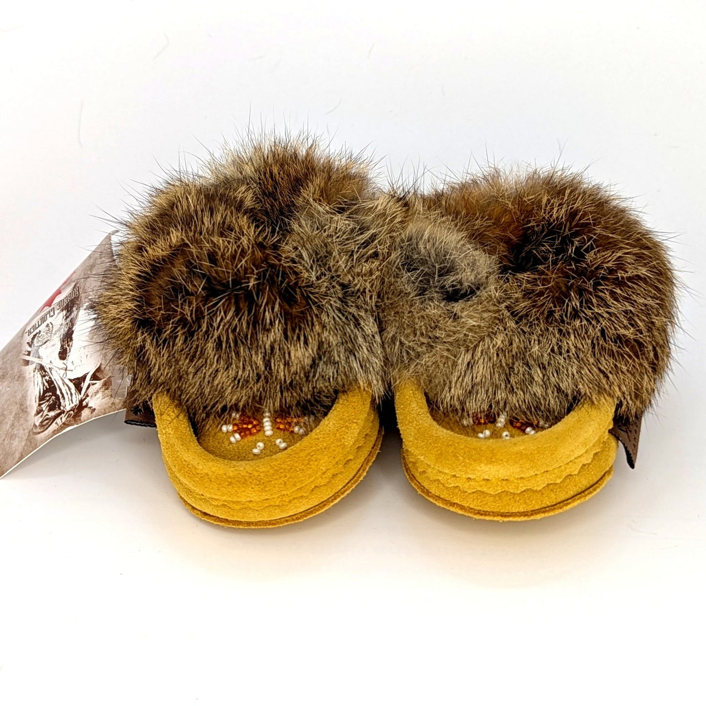 Laurentian Chief Baby Moccasins | Rabbit Fur Trim | Hand-Beaded | Size 4 | Suede Leather | Made in Canada