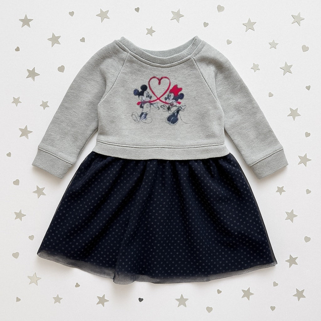 babyGap | Disney Mickey & Minnie Mouse Love Sweatshirt Dress | Toddler Girls 2T | Gray Top + Navy Glitter Tulle Skirt