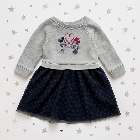 babyGap | Disney Mickey & Minnie Mouse Love Sweatshirt Dress | Toddler Girls 2T | Gray Top + Navy Glitter Tulle Skirt