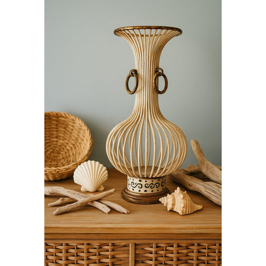 Vintage Decorative Metal Open Cage Vase with Brass Rings | Antique Distressed Metal Vase | Collectible Coastal Farmhouse Home Décor