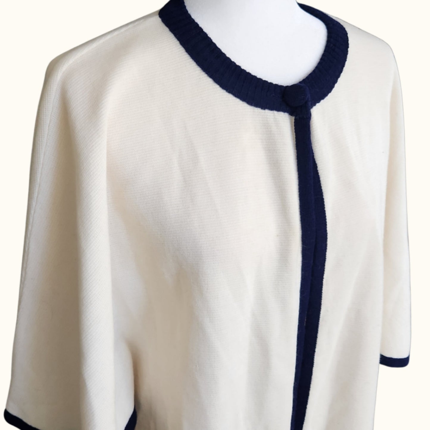 Retro-Inspired Cream Cape Jacket with Navy Trim | Classic Mod Style | Open Front