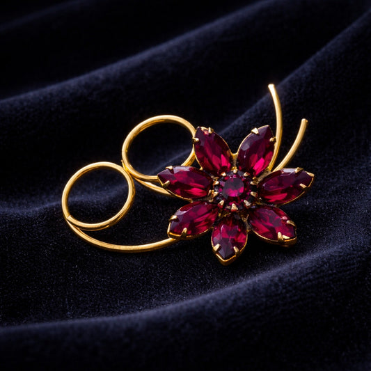 Vintage Red Rhinestone Flower Brooch Gold Tone | Mid Century Ruby Glass Statement Pin
