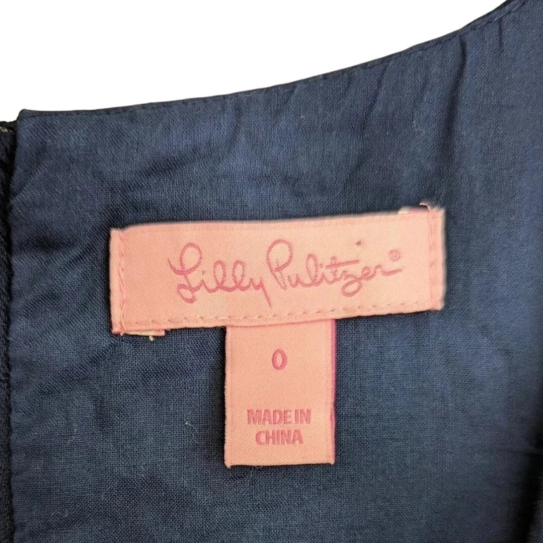 🌸 Lilly Pulitzer Augusta Shift Dress Navy Blue White Gold Lace Trim – Size 0 XS