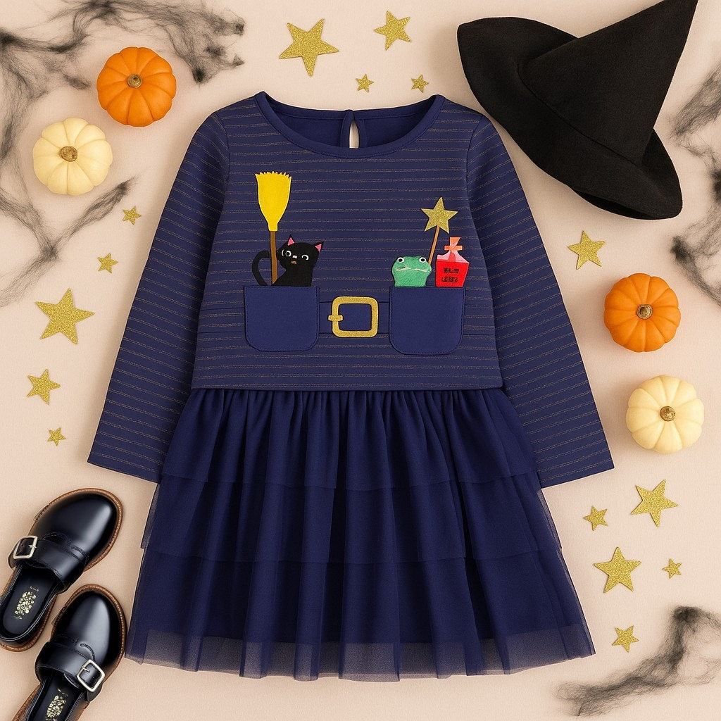 Mini Boden Girls Halloween Witch Dress Tulle Party Starboard Blue Cat Frog Vampire Blood Size 7-8Y