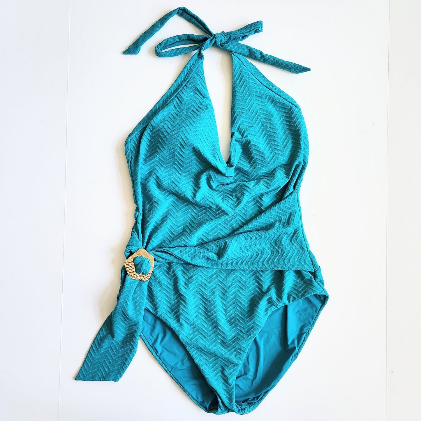 Trina Turk Women's Empire Halter One Piece Swimsuit Marine Teal Chevron Metallic Size 14 NWOT