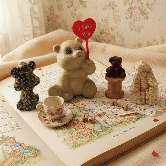 Vintage Bear Figurines – Miniature Resin, Ceramic, and Flocked Bears – I Love You Heart Sign, Woodland Animal Shelf Decor, 1980s-90s Kitsch