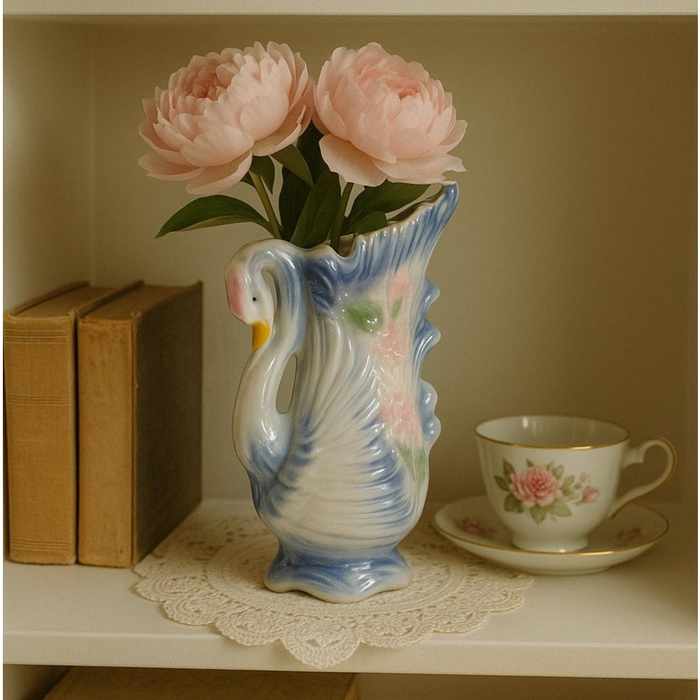 Vintage MCM Swan Vase – Iridescent Ceramic Swan Planter with Pastel Flowers