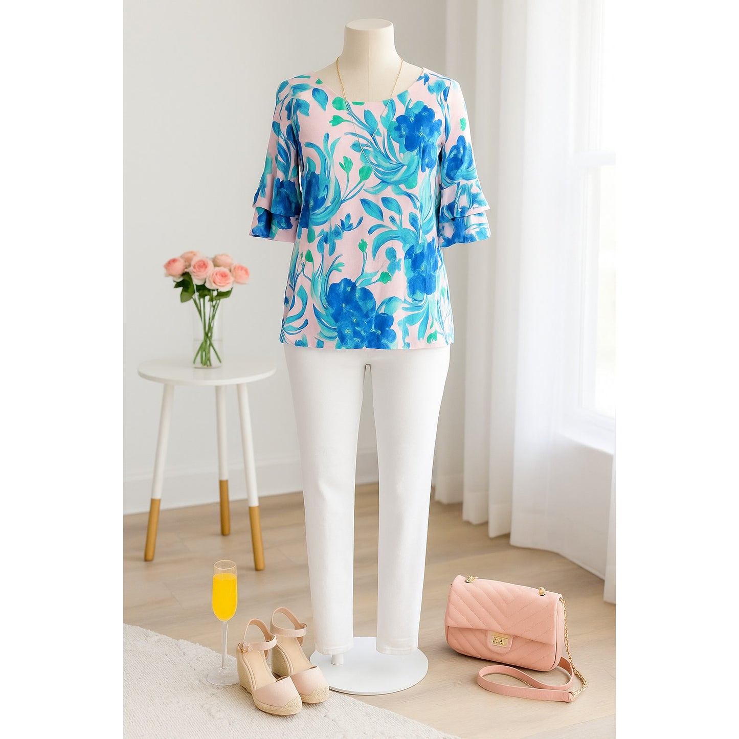 Lilly Pulitzer Women's Lula Top Blue & Pink Tropics Sweet Pea Size Large