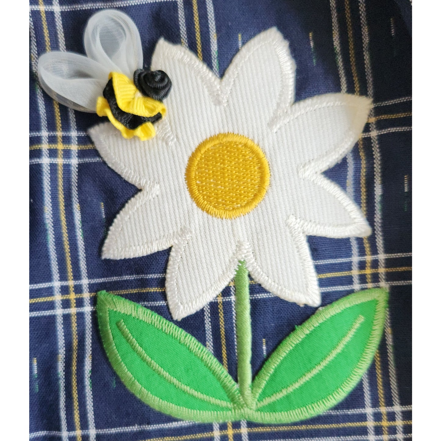 Vintage 1980s Good Lad Daisy & Bumblebee Jumper Dress | Baby Girl 18 Months | Navy Blue Plaid with Appliqué Flower & 3D Bee | Made in USA | NWT