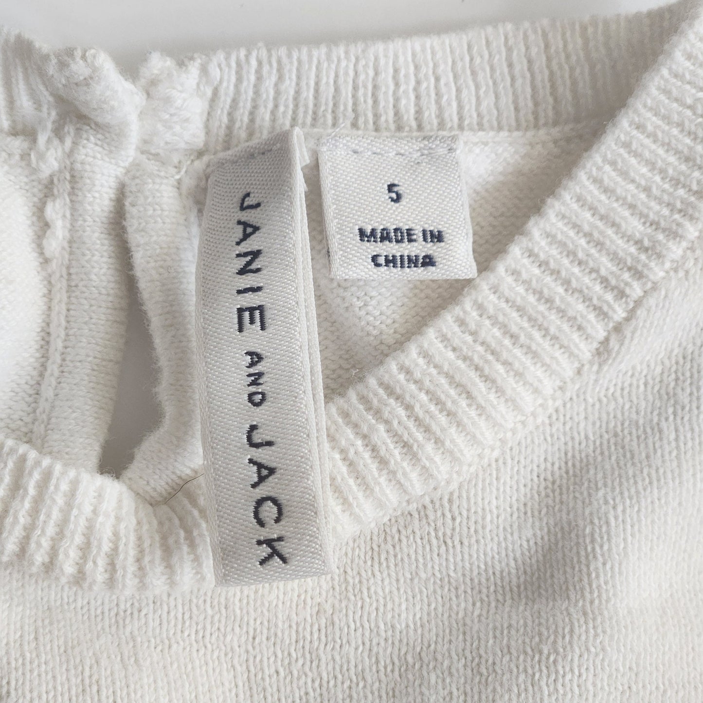 Janie and Jack Ruffle Cuff Dog Sweater | Jet Ivory White Cotton | Girls Size 5