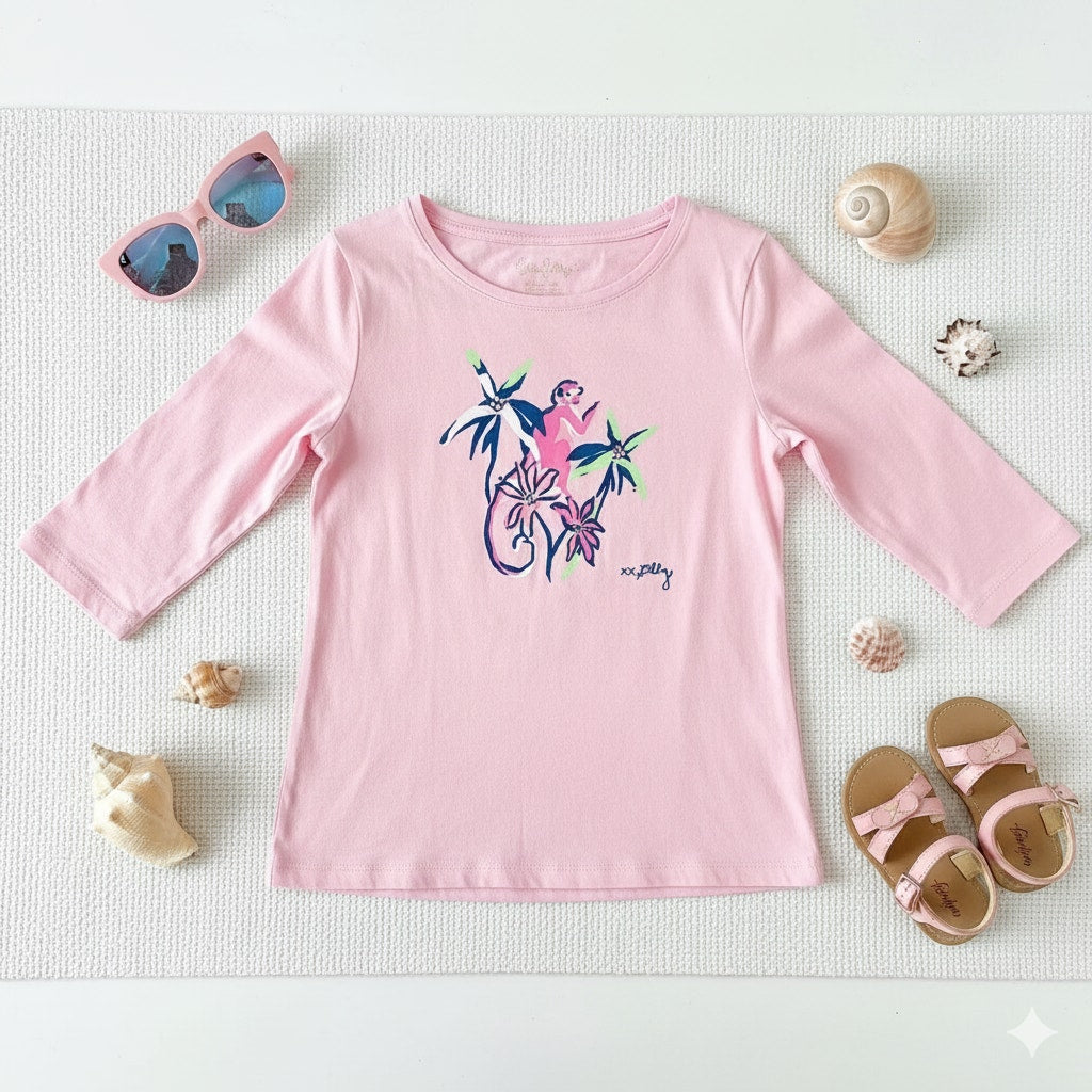 Girls’ Pink Jeweled Monkey Graphic 3/4 Sleeve Tee | Size M 8-10