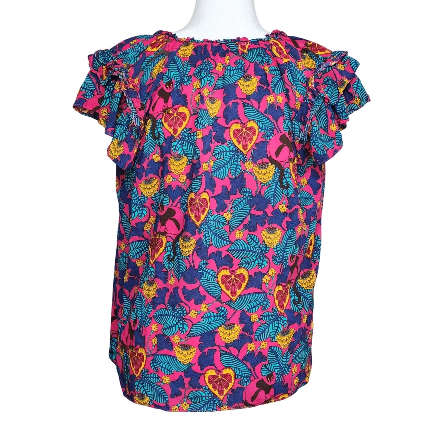 Rose + Olive Tropical Monkey Print Boho Tassel Flutter Sleeve Blouse Size L