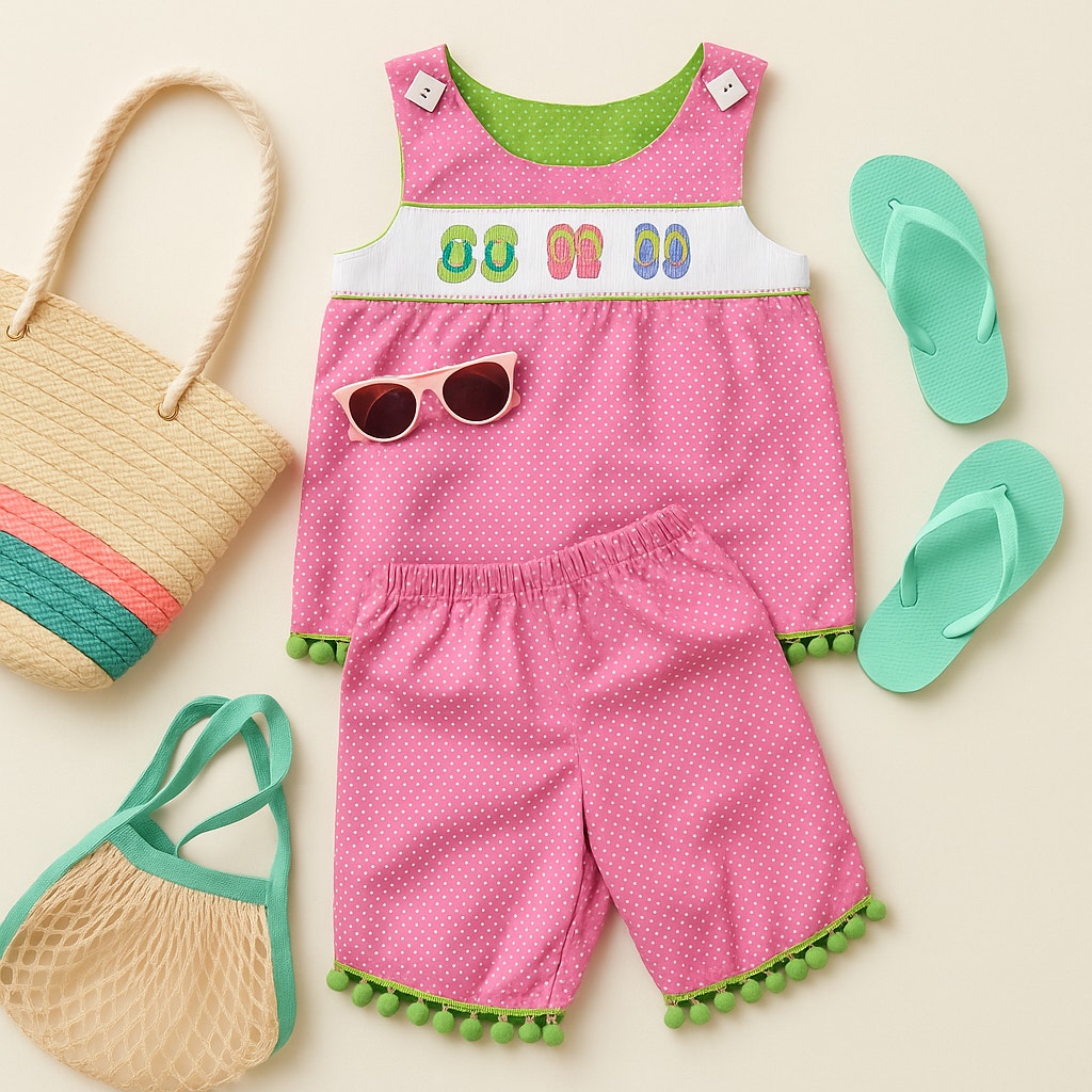 Beaux et Belles Girls 2-Piece Outfit Set | Size 6 | Boutique Smocked Top & Pedal Pushers | Pink Polka Dot with Flip Flop Embroidery