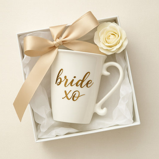Williams Sonoma “Bride XO” Porcelain Coffee Mug – 14 oz Metallic Gold Script – Discontinued | Home