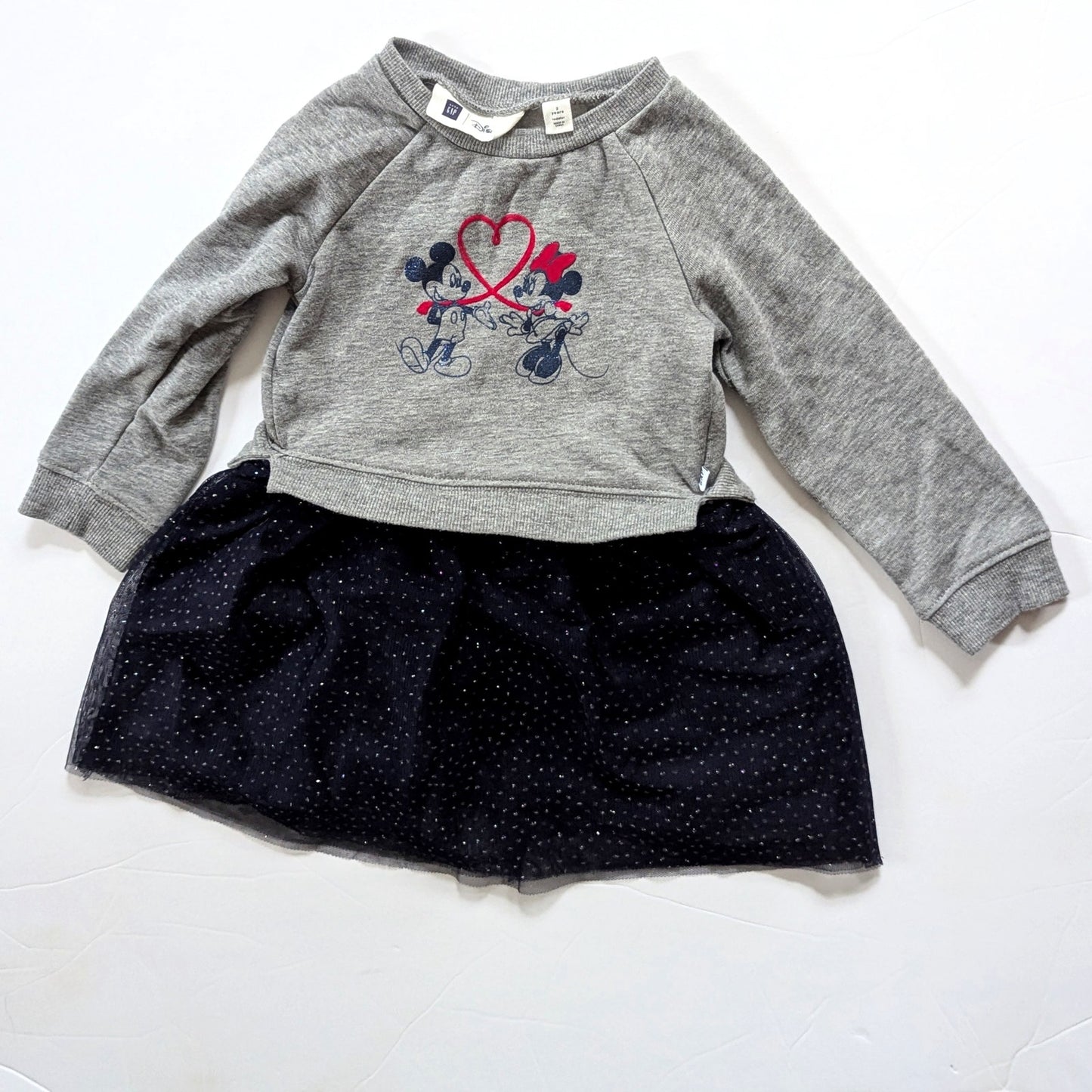 babyGap | Disney Mickey & Minnie Mouse Love Sweatshirt Dress | Toddler Girls 2T | Gray Top + Navy Glitter Tulle Skirt