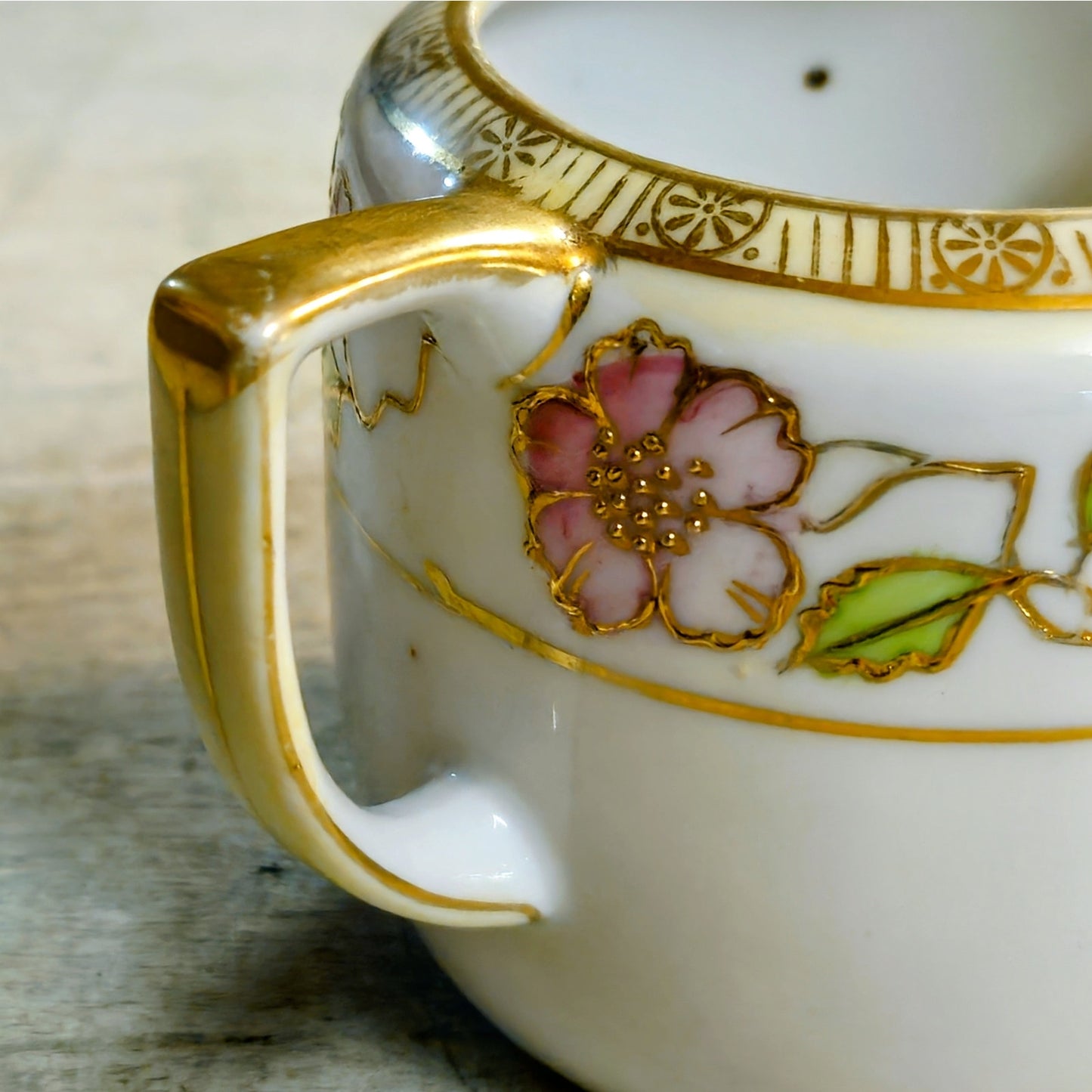 Antique Japanese Nippon Porcelain Cherry Blossom Creamer & Covered Sugar Bowl